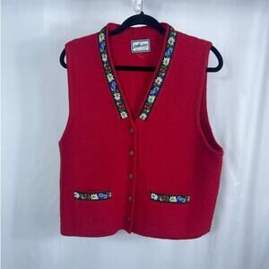 VTG large boiled wool PENDLETON red tyrolean style VEST ribbon trim